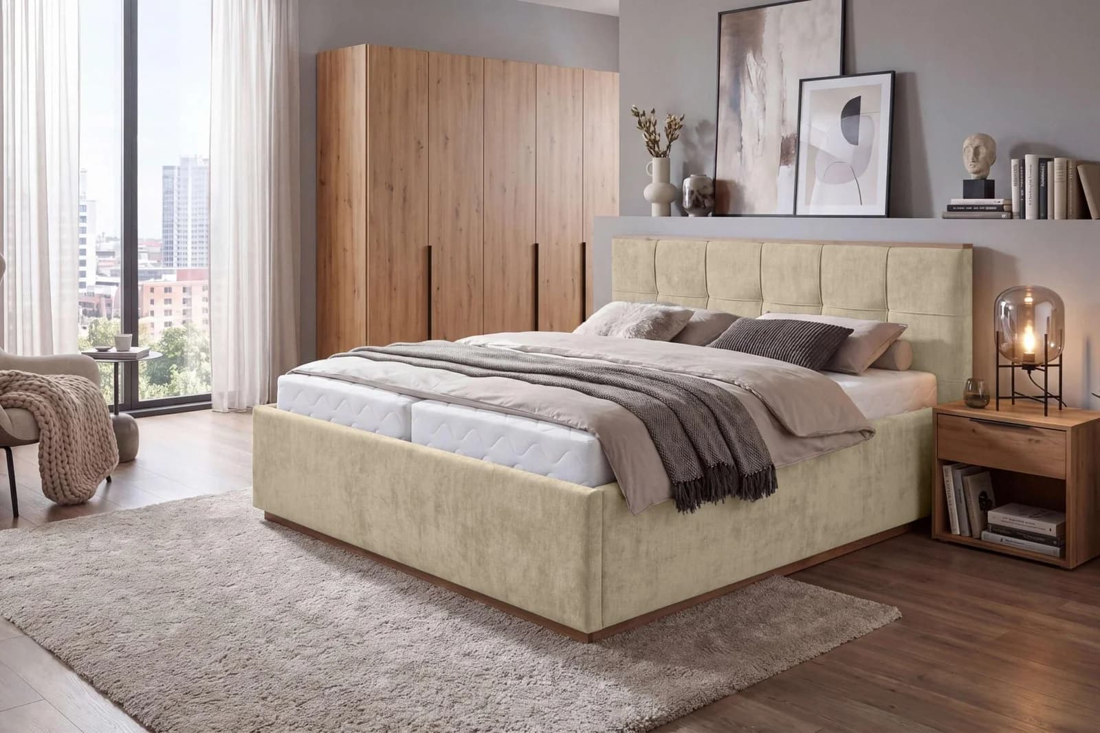 Polsterbett Vyllo Beige mit 2 Bettkästen und TFK-Matratze H3