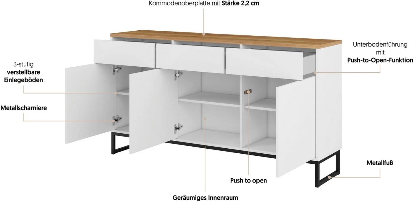 Home affaire Sideboard Alto Weiß Push-to-Open 3 Türen 3 Schubkästen - Bild 3