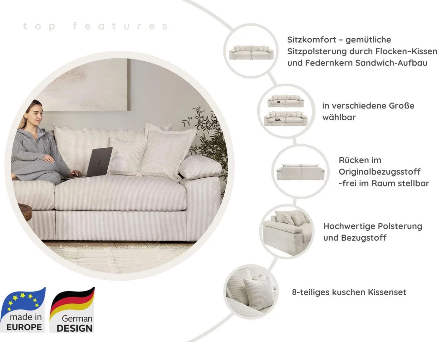OTTO home Polsterhocker Soft&Cosy XL Beige Cord oder Chenille