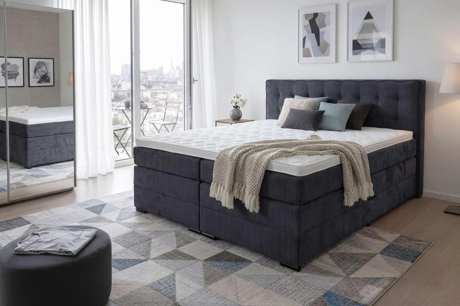 Home Affaire Boxspringbett Köln 160x200 cm Stahlblau mit Topper & Bettkästen