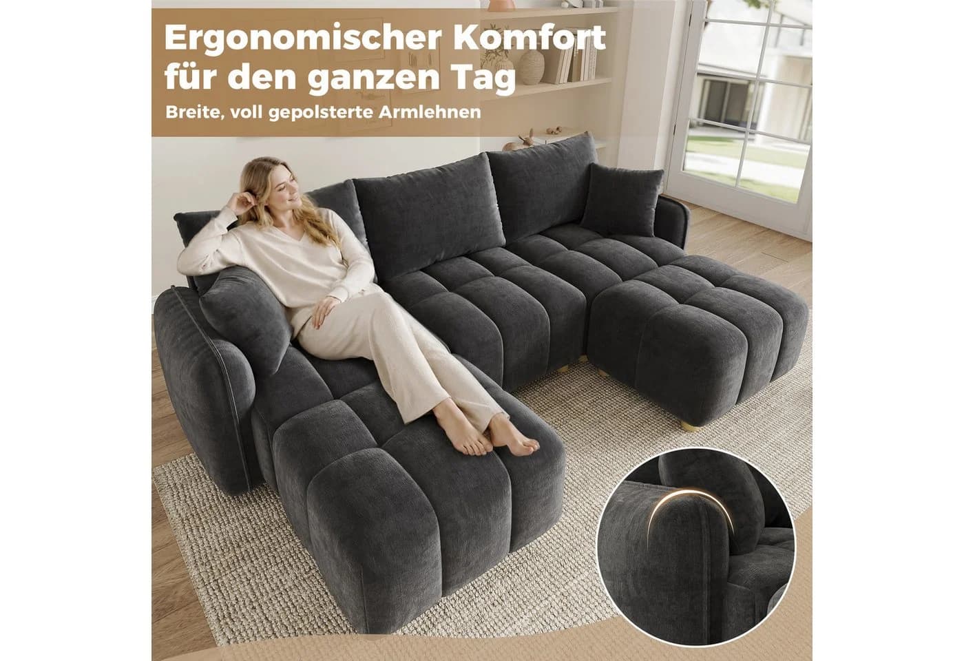 Merax Ecksofa Modulares L-/U-förmiges Sofa Chenille Beige Grau - Bild 4