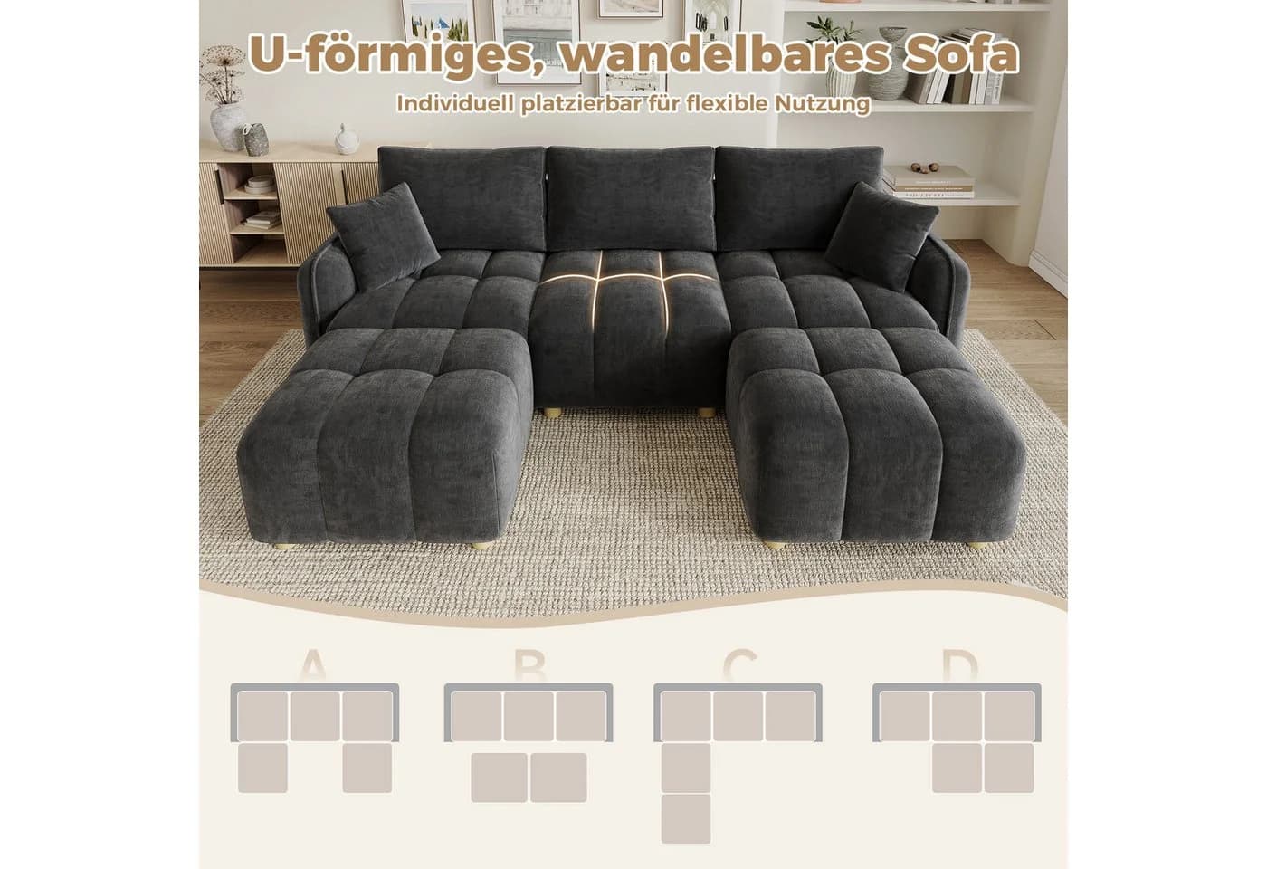 Merax Ecksofa Modulares L-/U-förmiges Sofa Chenille Beige Grau - Bild 5