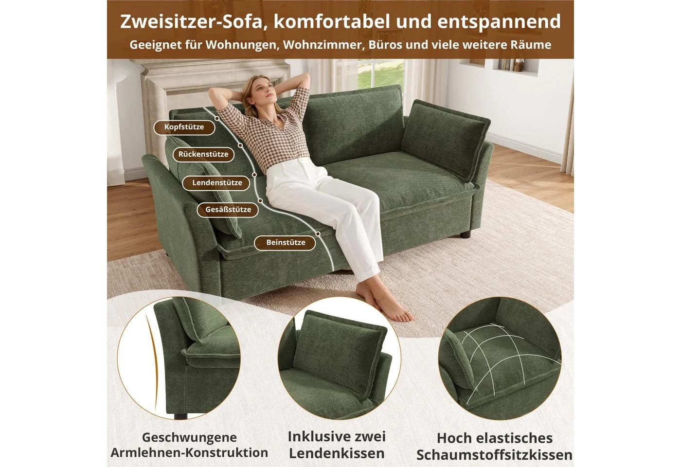 Merax 2-Sitzer Sofa Chenille Grün Cloud-Polsterung - Bild 4