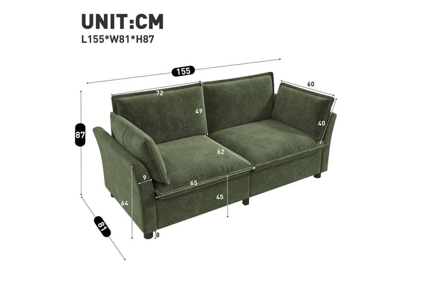 Merax 2-Sitzer Sofa Chenille Grün Cloud-Polsterung - Bild 5
