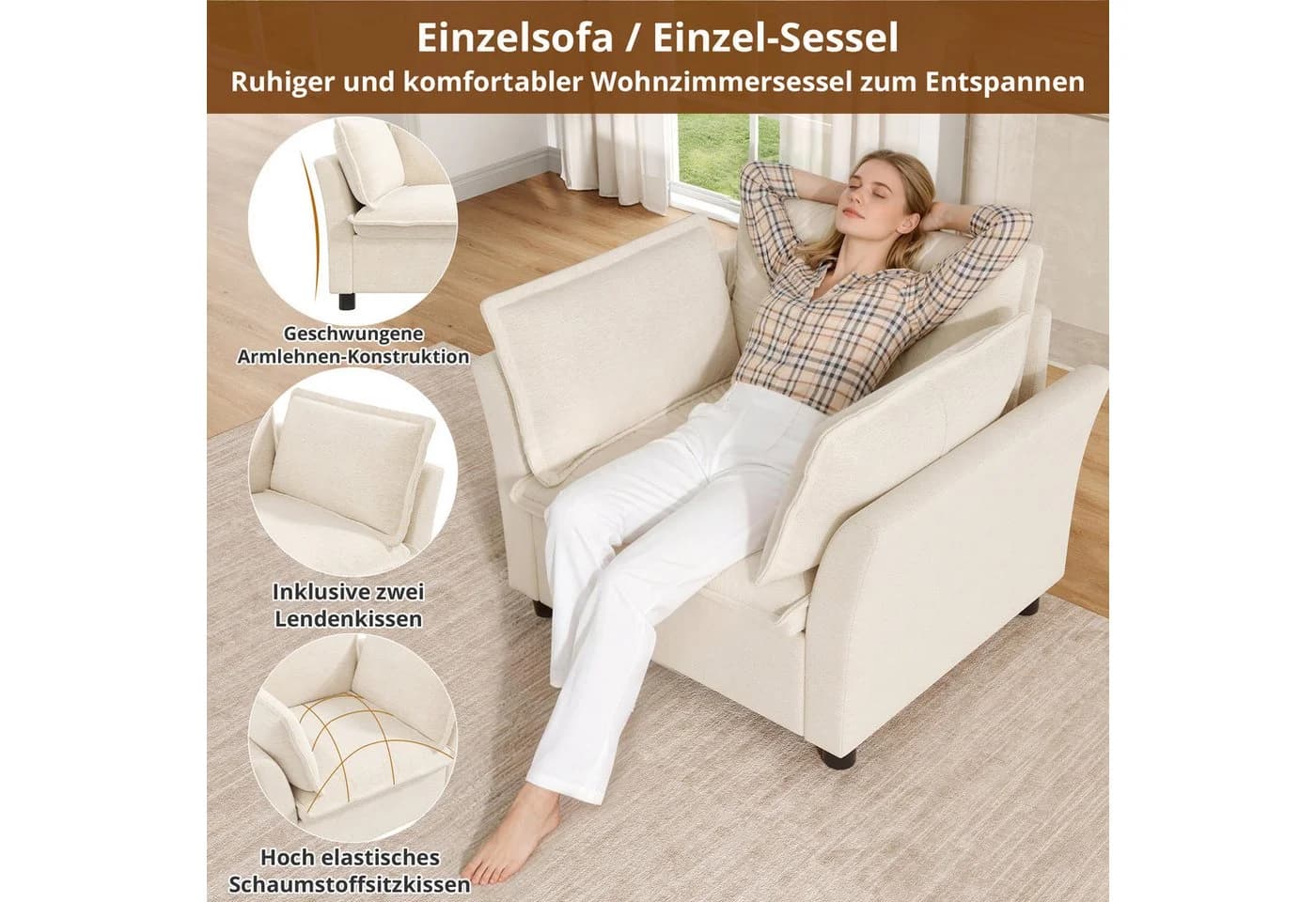 Merax Sessel moderner Relaxsessel aus Chenille Beige - Bild 3