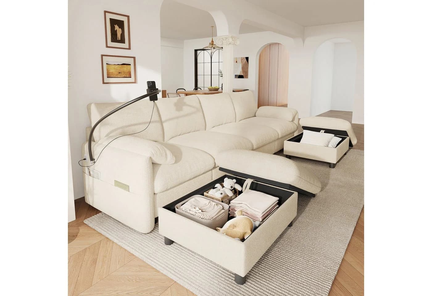 Merax Modulares Ecksofa Chenille mit USB & Stauraum-Höckern - Bild 2