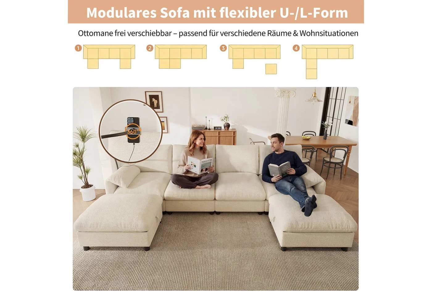 Merax Modulares Ecksofa Chenille mit USB & Stauraum-Höckern - Bild 4