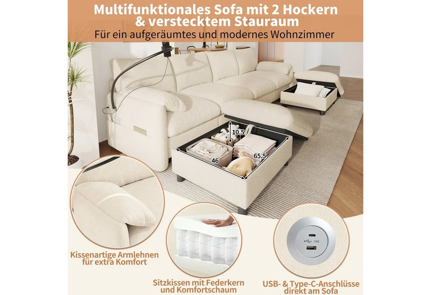 Merax Modulares Ecksofa Chenille mit USB & Stauraum-Höckern - Bild 5