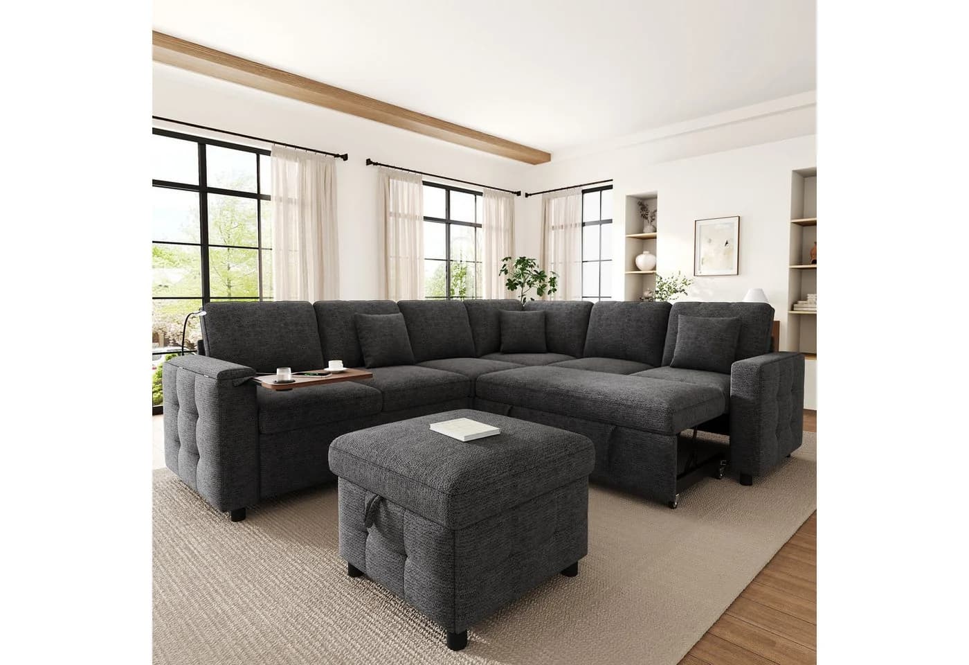 Merax Ecksofa mit Schlaffunktion XXL L-Form Sofa Chenille Grau Beige