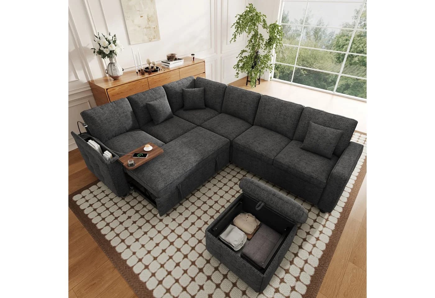 Merax Ecksofa mit Schlaffunktion XXL L-Form Sofa Chenille Grau Beige - Bild 2