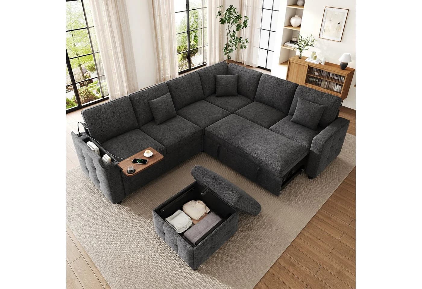 Merax Ecksofa mit Schlaffunktion XXL L-Form Sofa Chenille Grau Beige - Bild 4