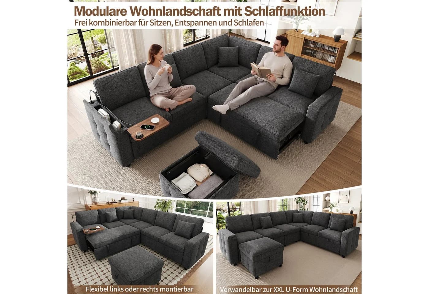 Merax Ecksofa mit Schlaffunktion XXL L-Form Sofa Chenille Grau Beige - Bild 5