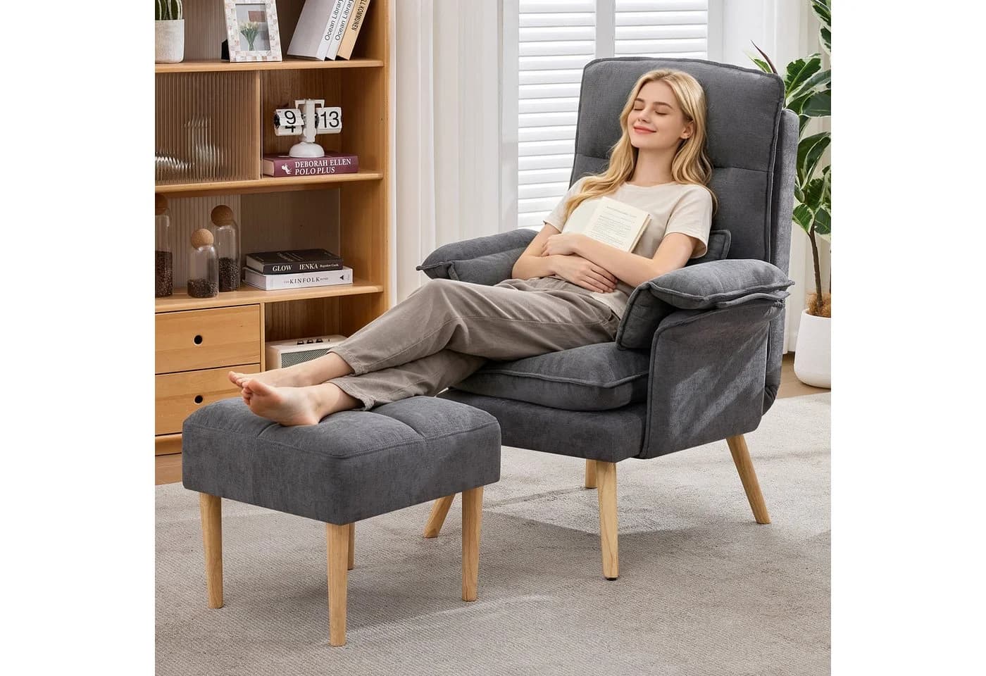 Merax Relaxsessel mit Hocker, 5-fach verstellbar, Grau/Beige, Leinen - Bild 2