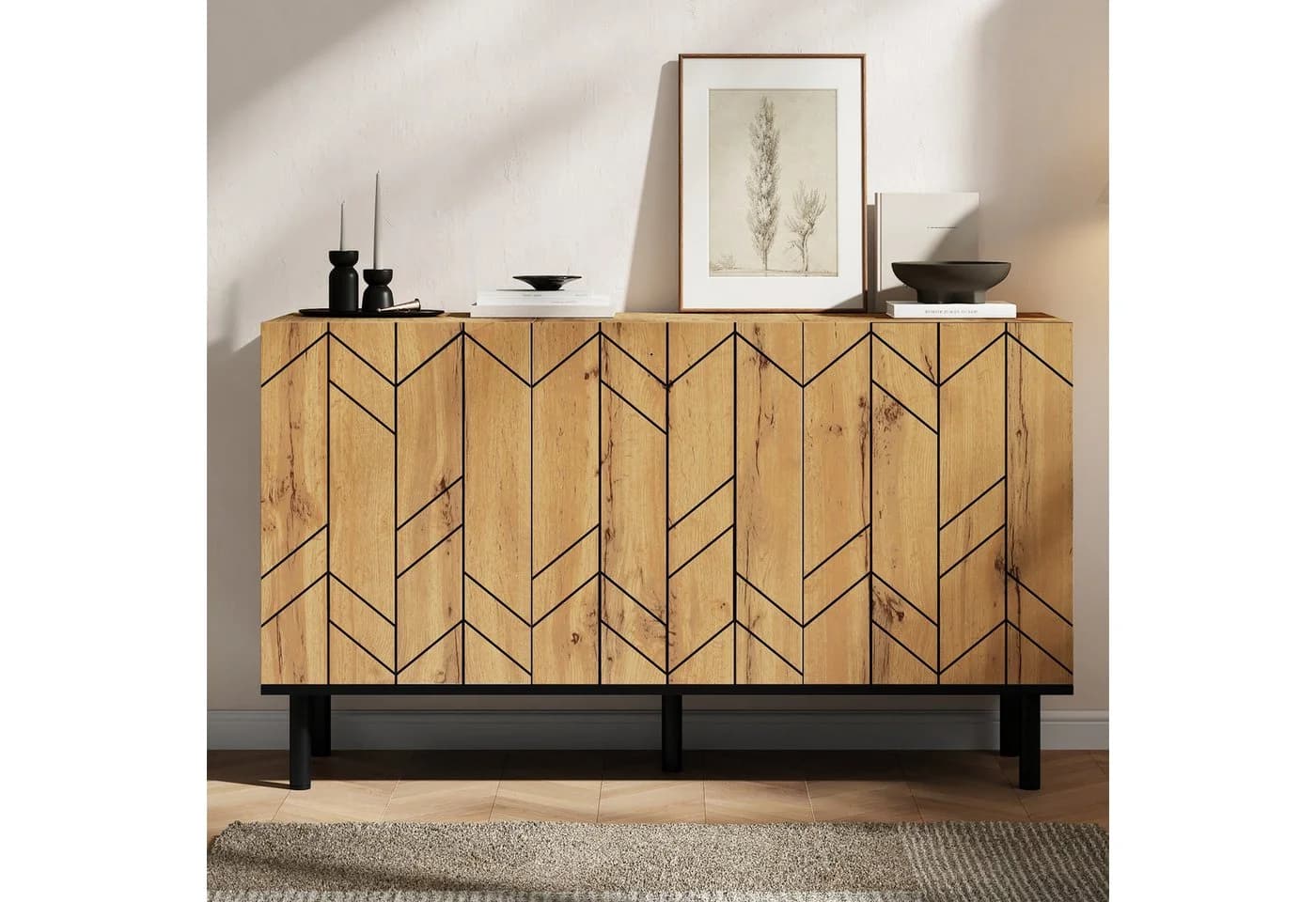 Merax Sideboard mit Wellenmuster Design 3 Türen Naturholzoptik Schwarz - Bild 2