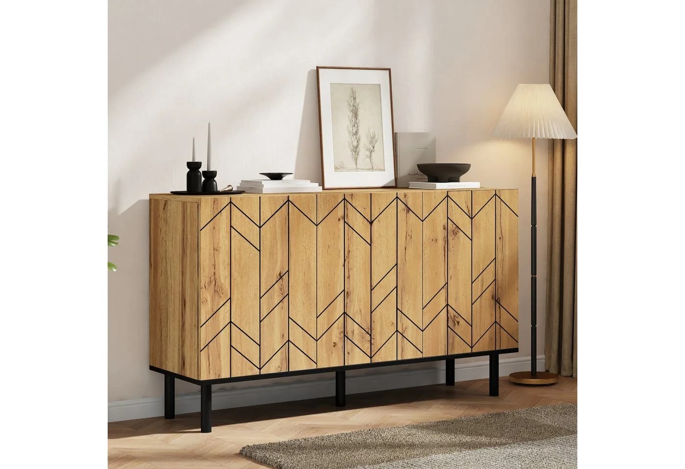 Merax Sideboard mit Wellenmuster Design 3 Türen Naturholzoptik Schwarz - Bild 3