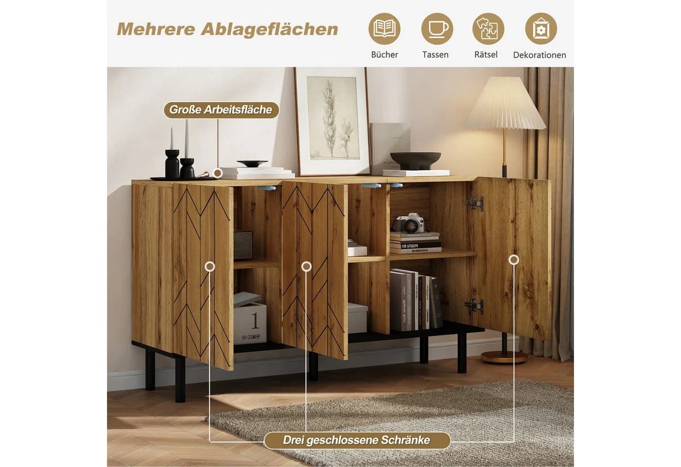 Merax Sideboard mit Wellenmuster Design 3 Türen Naturholzoptik Schwarz - Bild 4