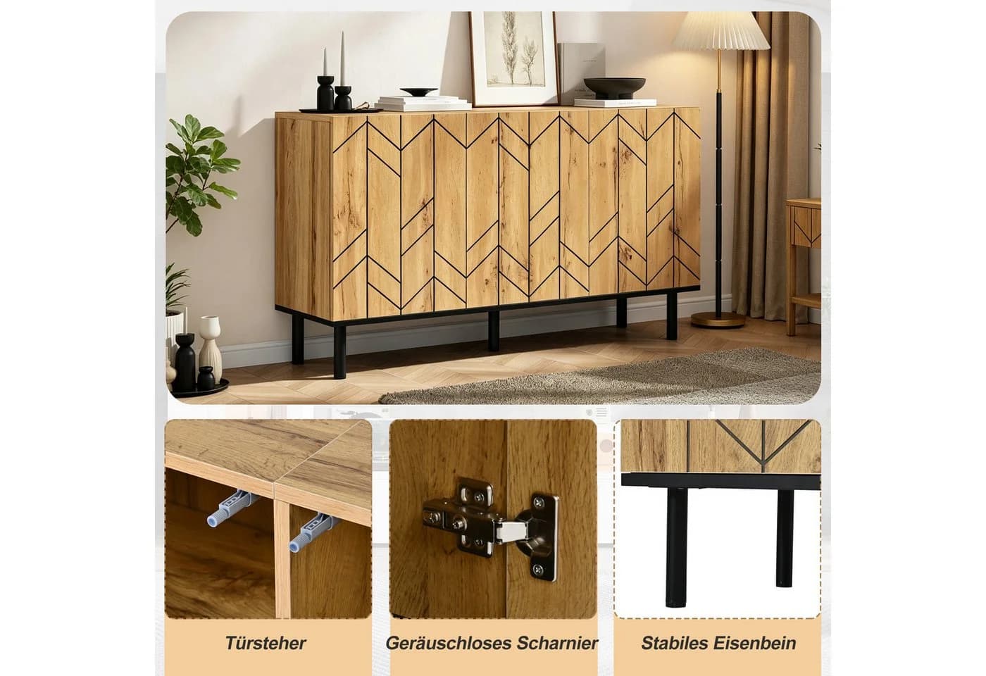 Merax Sideboard mit Wellenmuster Design 3 Türen Naturholzoptik Schwarz - Bild 5