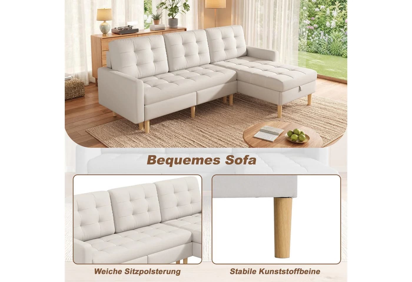 Merax Ecksofa mit Stauraum & Schlaffunktion Beige/Grau - Bild 5