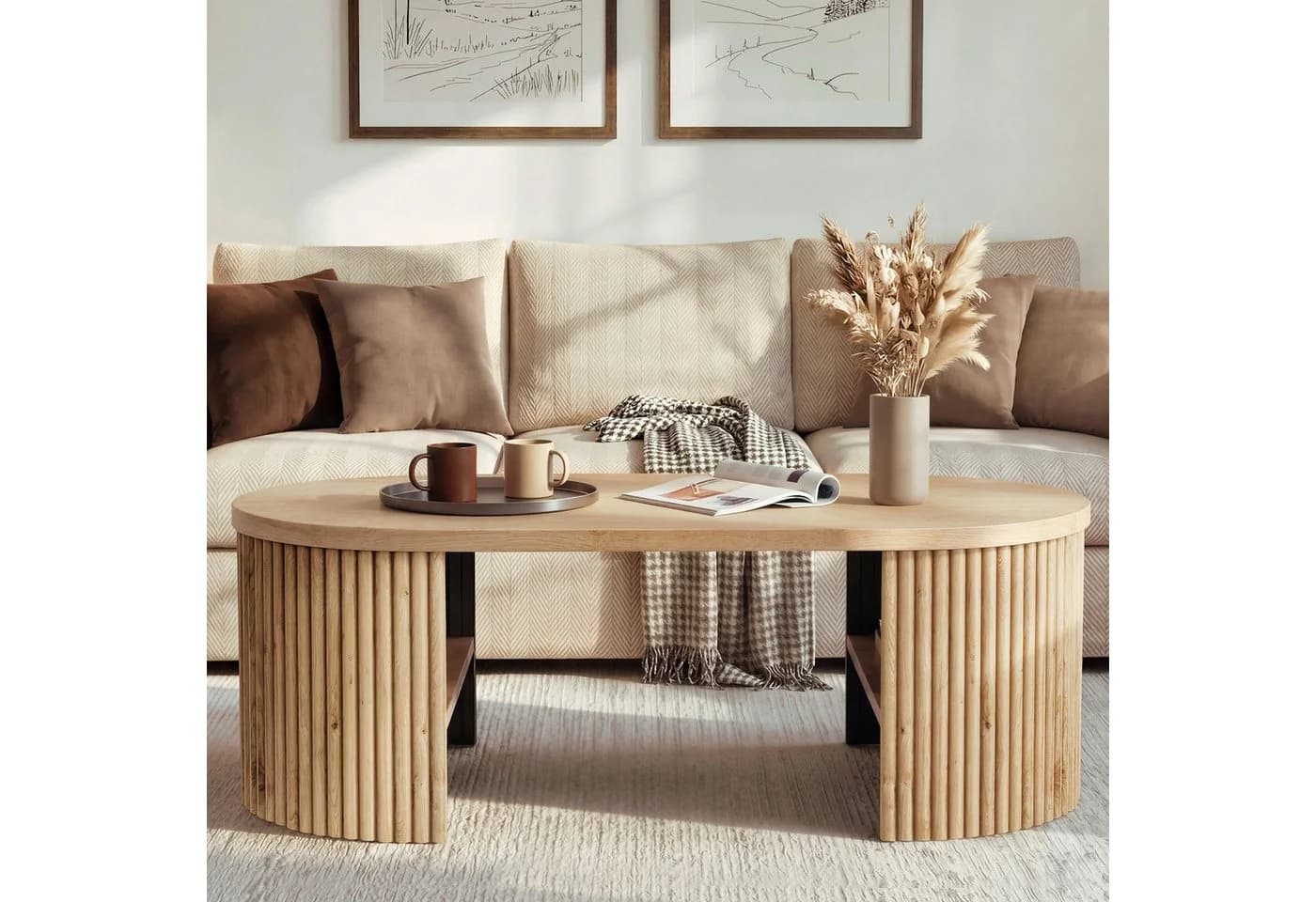 Merax Ovaler Couchtisch mit Stauraum Naturholz Braun