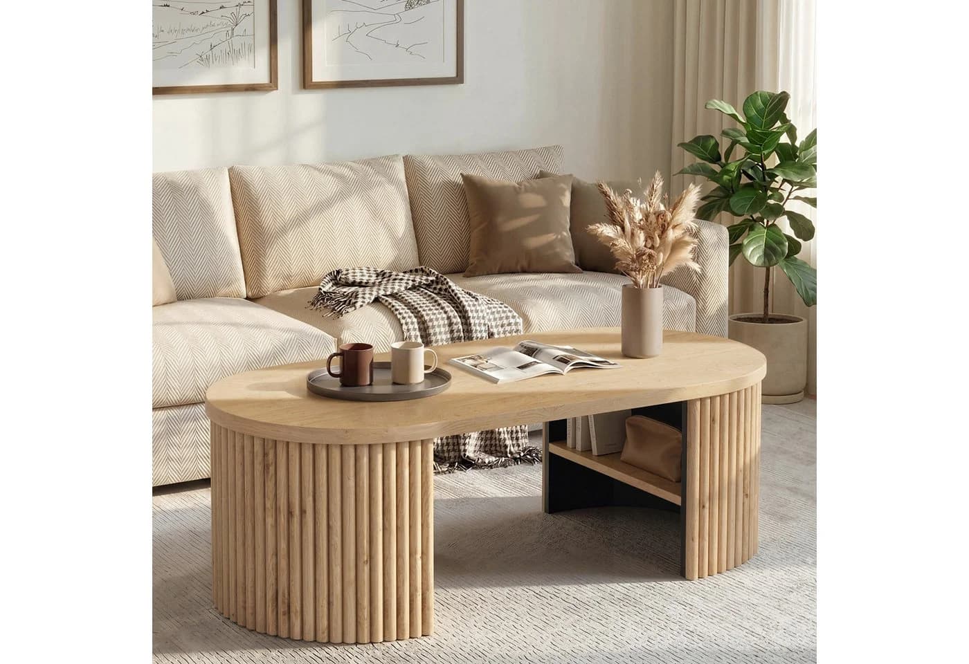 Merax Ovaler Couchtisch mit Stauraum Naturholz Braun - Bild 2