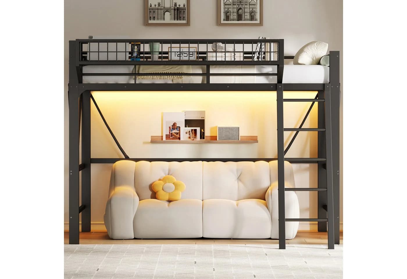 Merax Hochbett Schwarz mit LED & Aufbewahrungskorb Metallbett