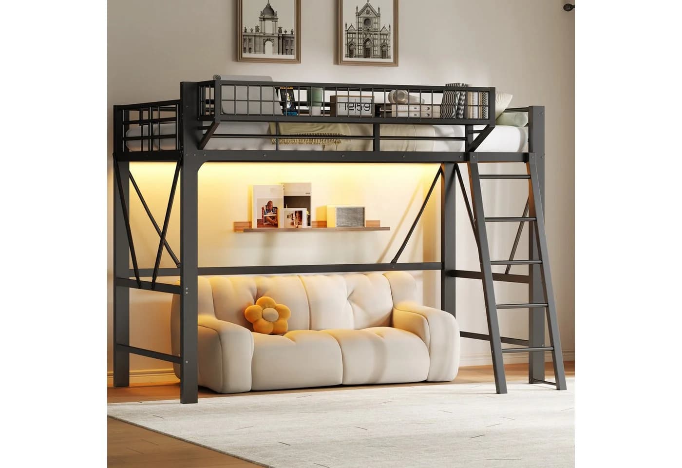 Merax Hochbett Schwarz mit LED & Aufbewahrungskorb Metallbett - Bild 2