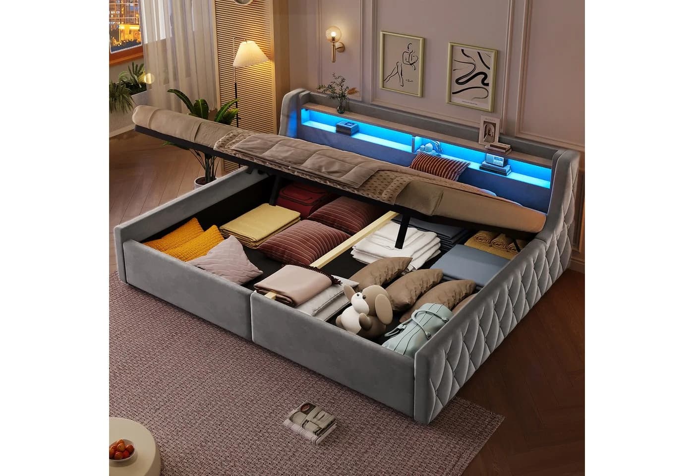 Merax Samt Plattformbett 140x200 cm mit Bettkasten & LED Kopfteil