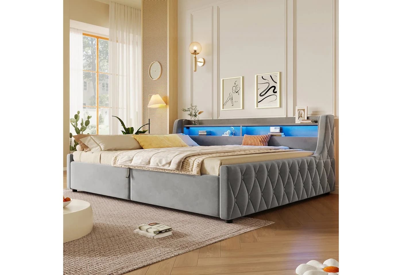 Merax Samt Plattformbett 140x200 cm mit Bettkasten & LED Kopfteil - Bild 2