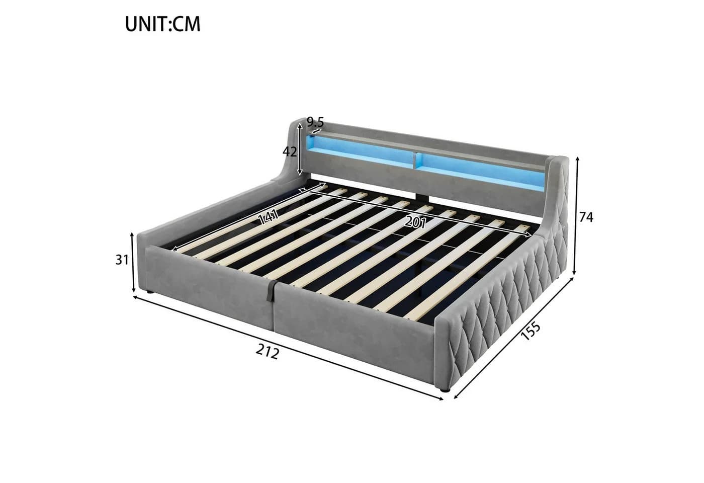 Merax Samt Plattformbett 140x200 cm mit Bettkasten & LED Kopfteil - Bild 4