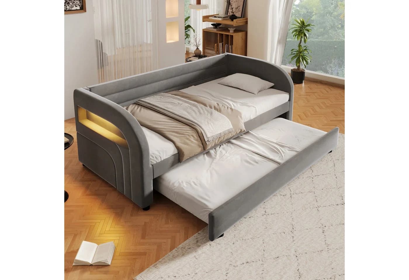 Merax Daybett 90x200cm mit LED und Ausziehbett Grau/Beige Samt - Bild 2
