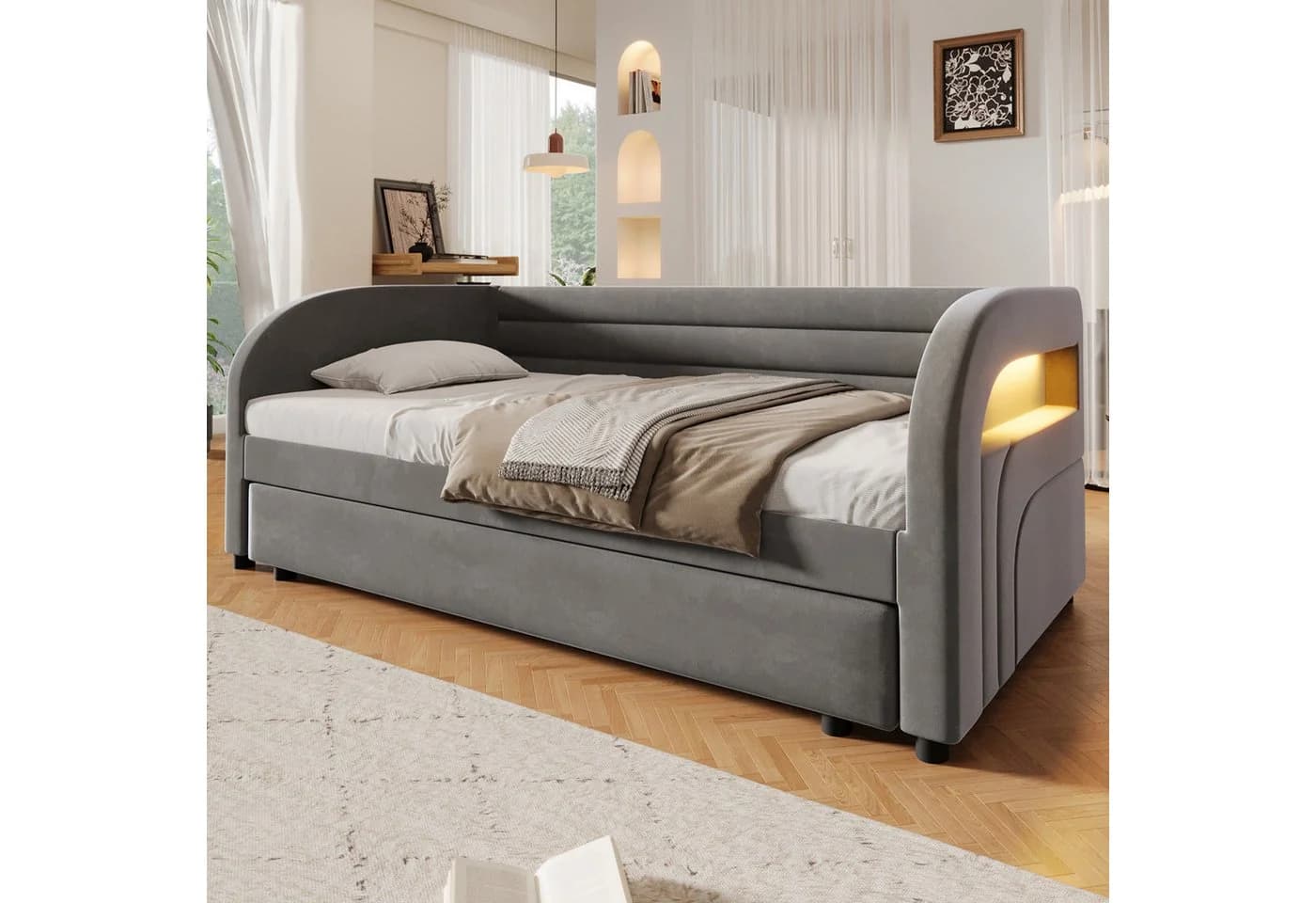 Merax Daybett 90x200cm mit LED und Ausziehbett Grau/Beige Samt - Bild 3