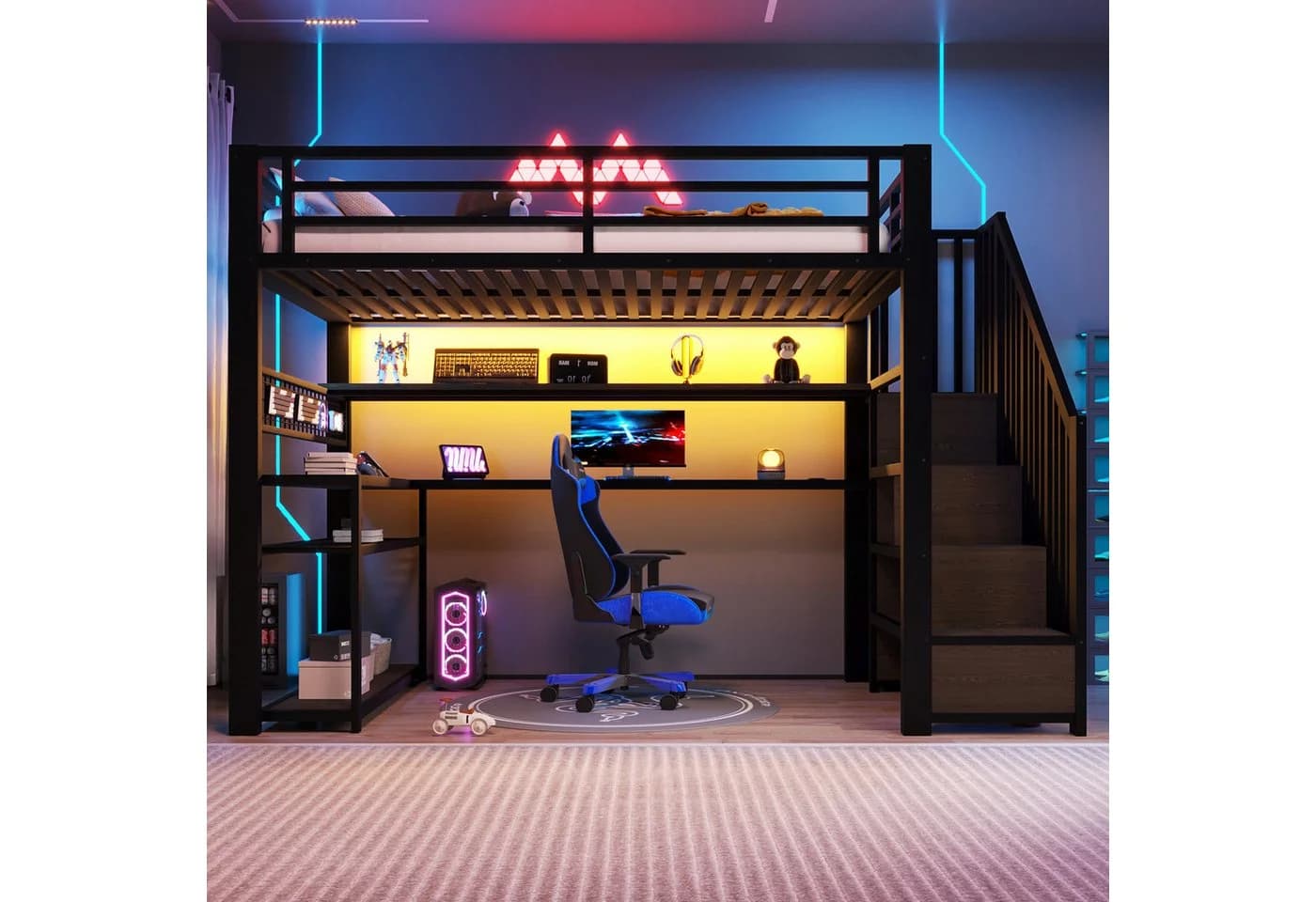 Merax Gaming-Hochbett Schwarz mit LED, Schreibtisch & Kleiderschrank
