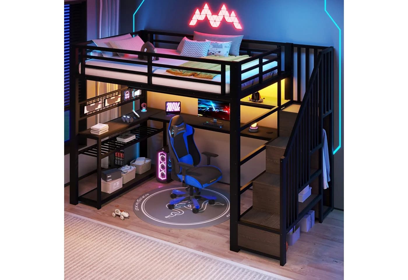 Merax Gaming-Hochbett Schwarz mit LED, Schreibtisch & Kleiderschrank - Bild 3
