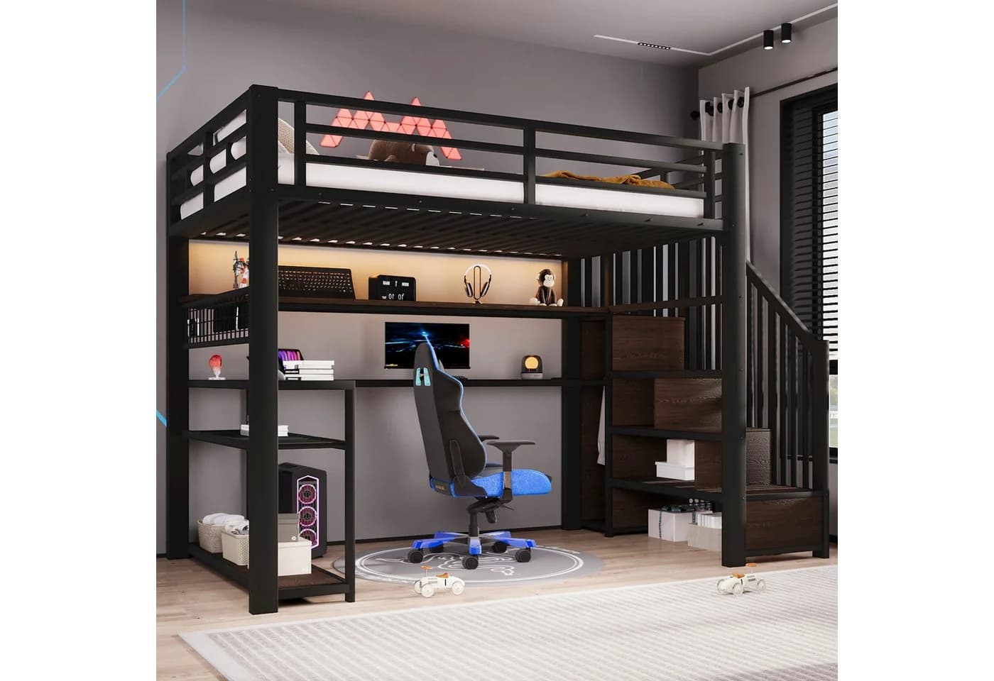Merax Gaming-Hochbett Schwarz mit LED, Schreibtisch & Kleiderschrank - Bild 4