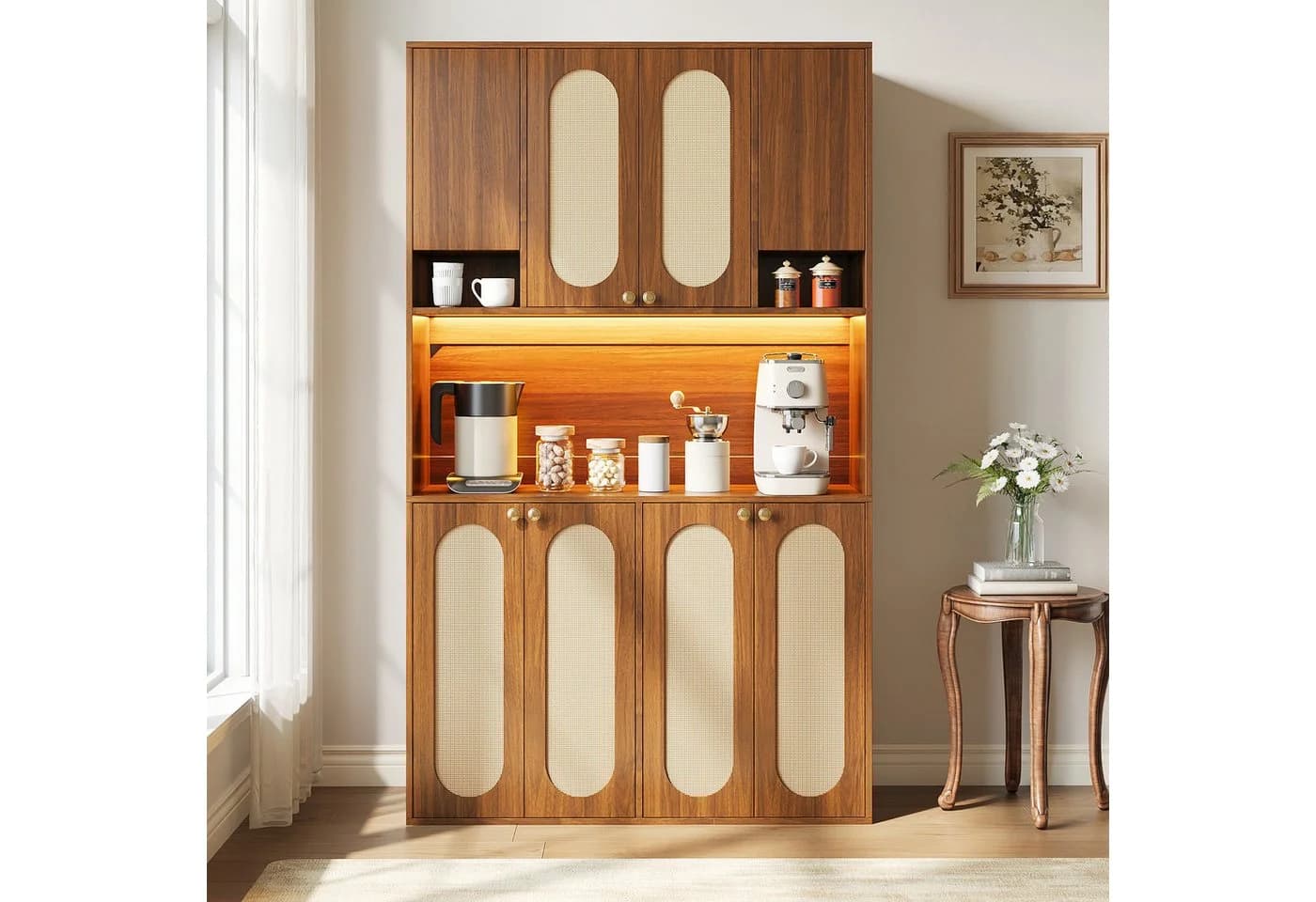 Merax Hochschrank mit LED-Beleuchtung und Hausbar, 8 Türen, Natur - Bild 2