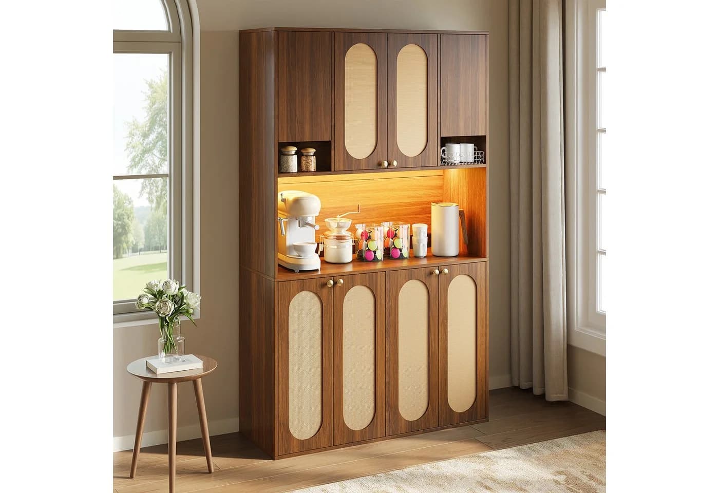 Merax Hochschrank mit LED-Beleuchtung und Hausbar, 8 Türen, Natur - Bild 3
