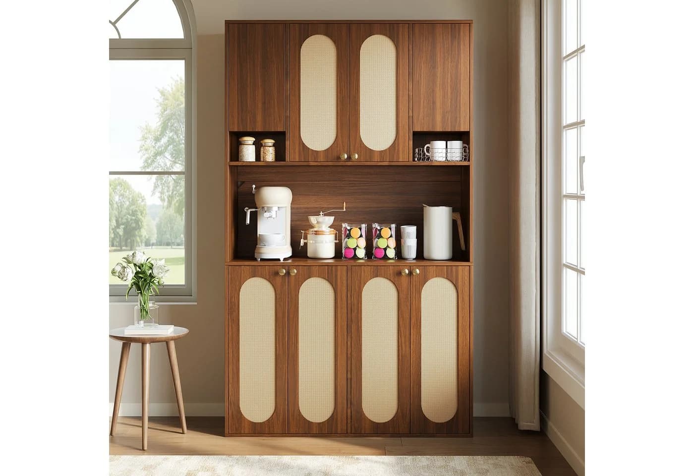Merax Hochschrank mit LED-Beleuchtung und Hausbar, 8 Türen, Natur - Bild 4