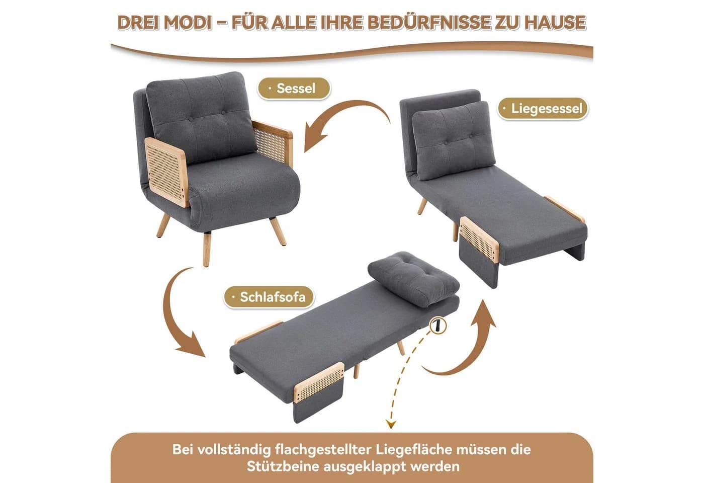 Merax 3-in-1 Schlafsessel Beige/Grau mit Schlaffunktion - Bild 4