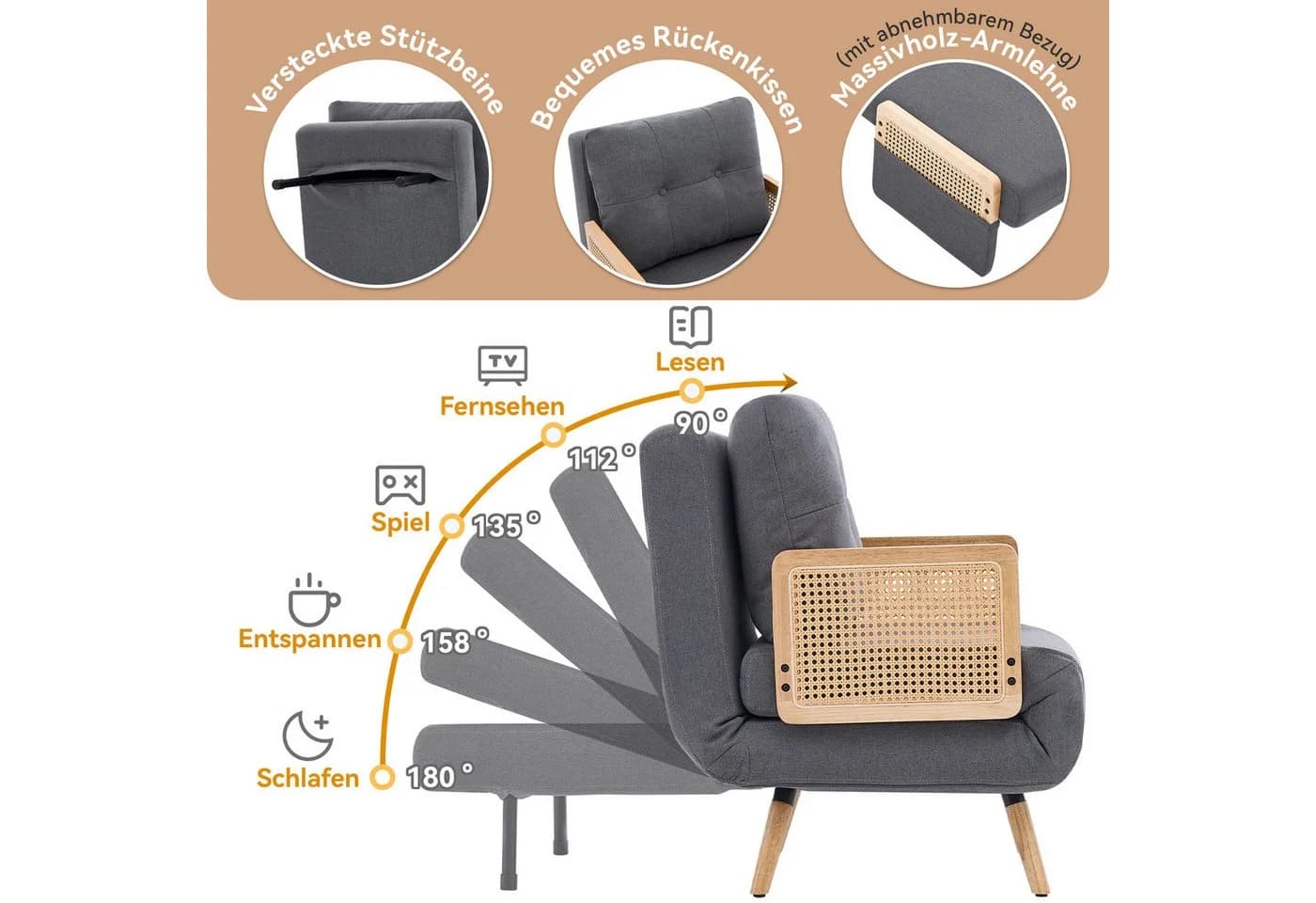 Merax 3-in-1 Schlafsessel Beige/Grau mit Schlaffunktion - Bild 5