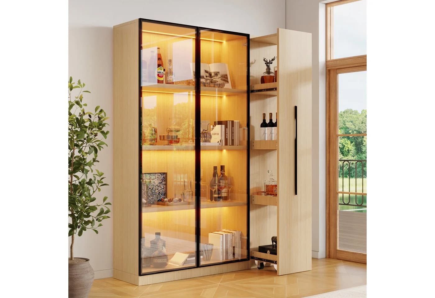 Merax Glasvitrine mit LED-Beleuchtung und Rollregal - Bild 2
