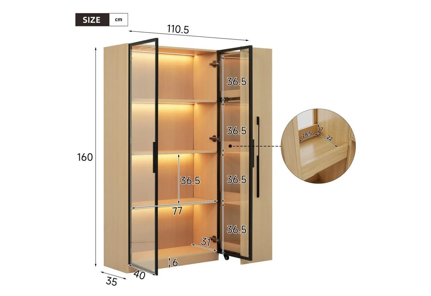 Merax Glasvitrine mit LED-Beleuchtung und Rollregal - Bild 3