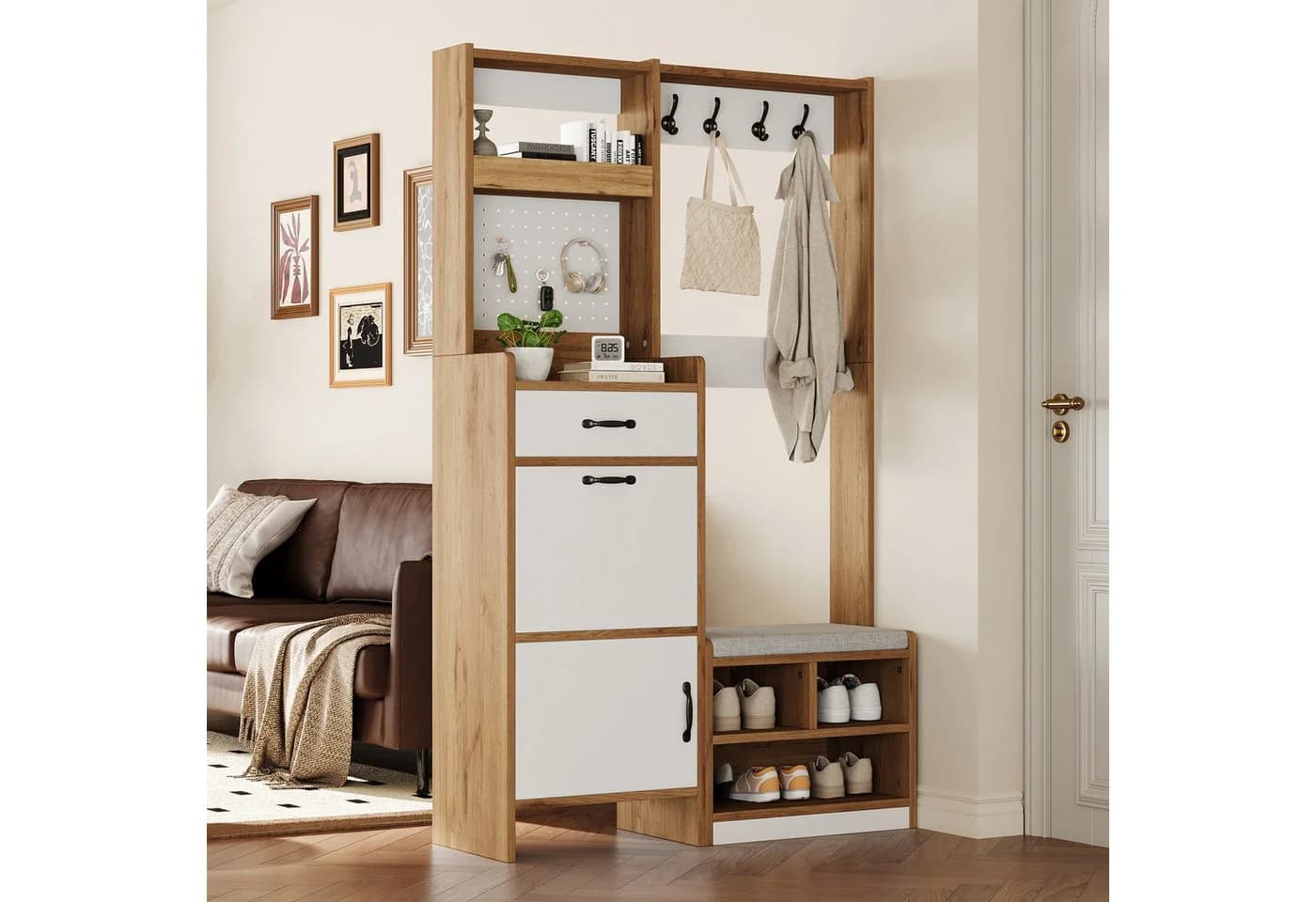 Merax Garderoben-Set Naturholzoptik mit Pegboard & Schuhbank