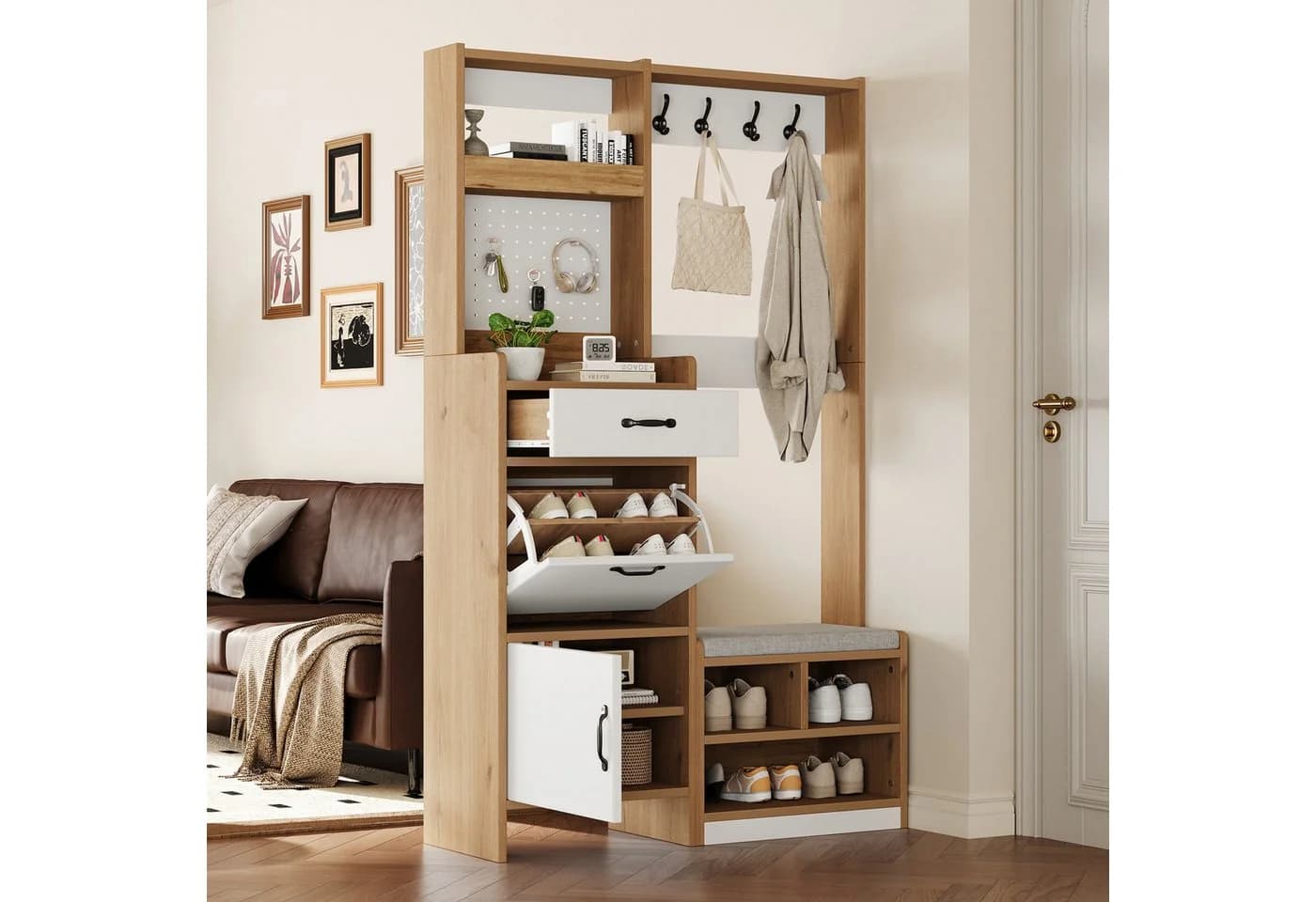 Merax Garderoben-Set Naturholzoptik mit Pegboard & Schuhbank - Bild 2