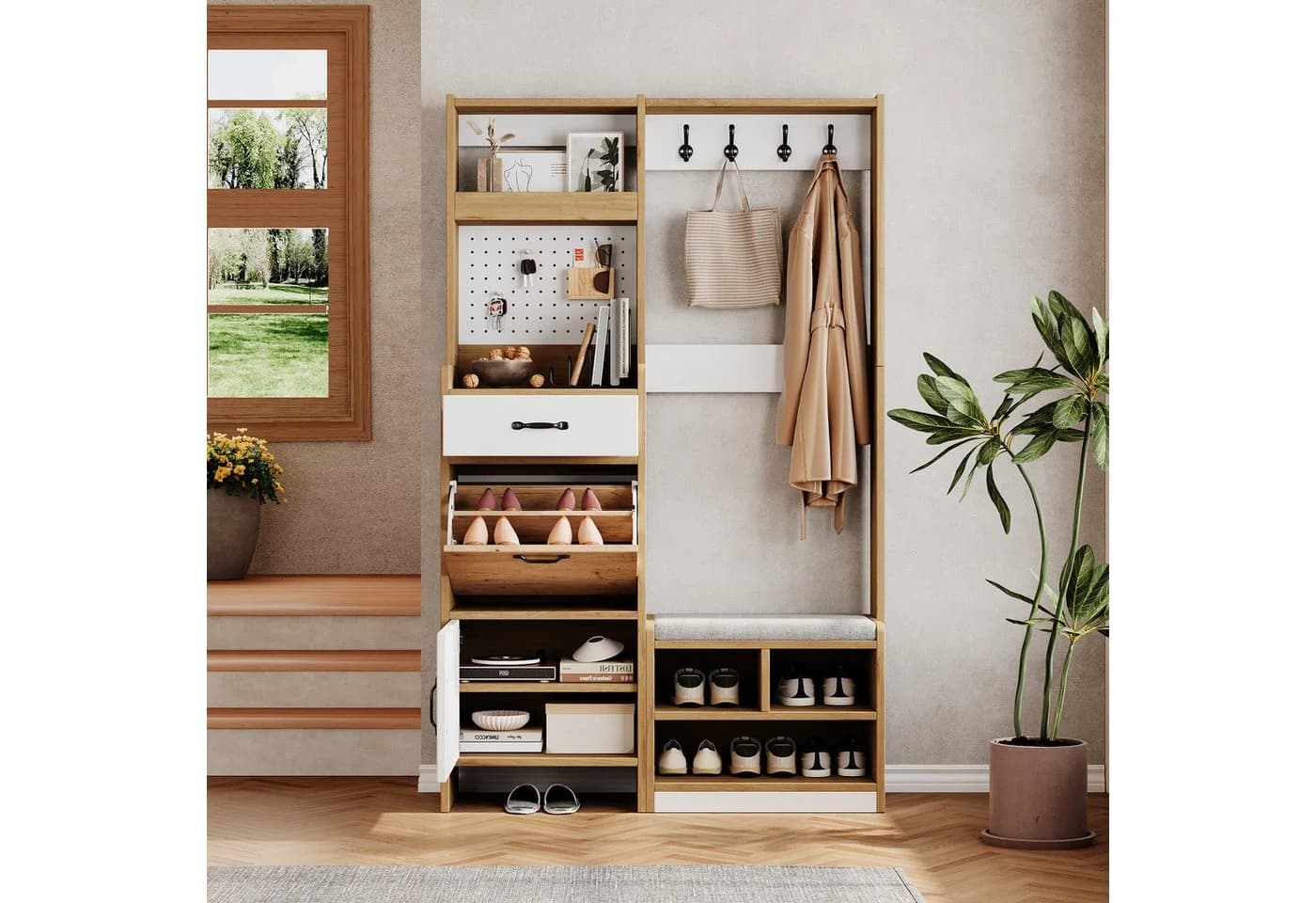 Merax Garderoben-Set Naturholzoptik mit Pegboard & Schuhbank - Bild 3