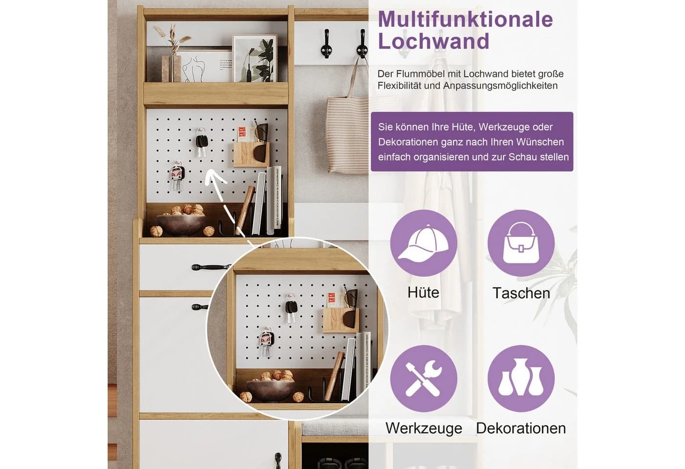 Merax Garderoben-Set Naturholzoptik mit Pegboard & Schuhbank - Bild 5