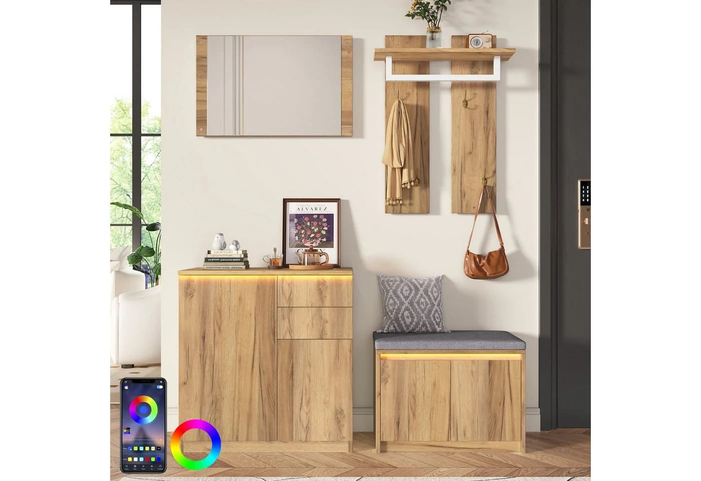 Merax Garderoben-Set mit LED, Spiegel, Schuhbank und Schuhschrank - Bild 2