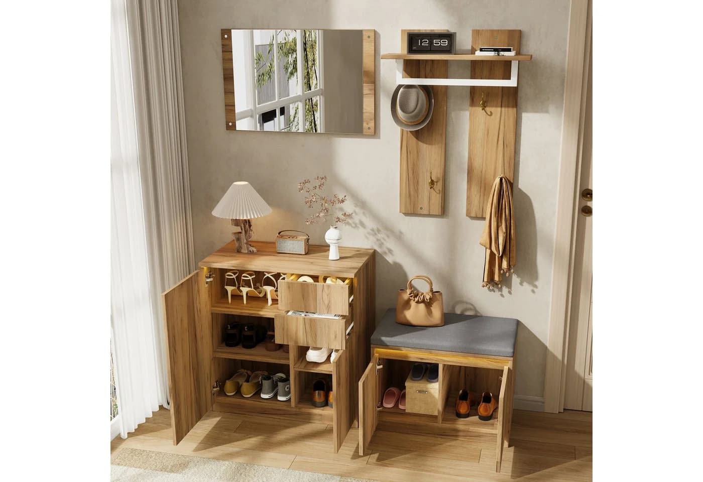 Merax Garderoben-Set mit LED, Spiegel, Schuhbank und Schuhschrank - Bild 4