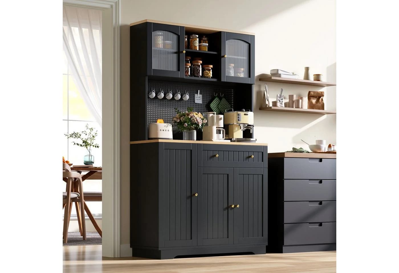 Merax Küchenbuffet Hochschrank mit Vitrinentüren und Schublade