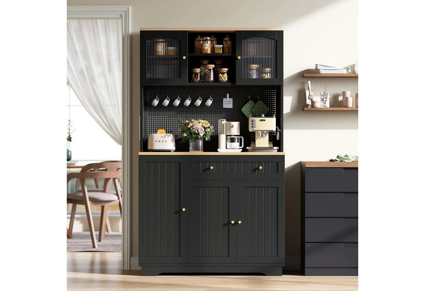 Merax Küchenbuffet Hochschrank mit Vitrinentüren und Schublade - Bild 2