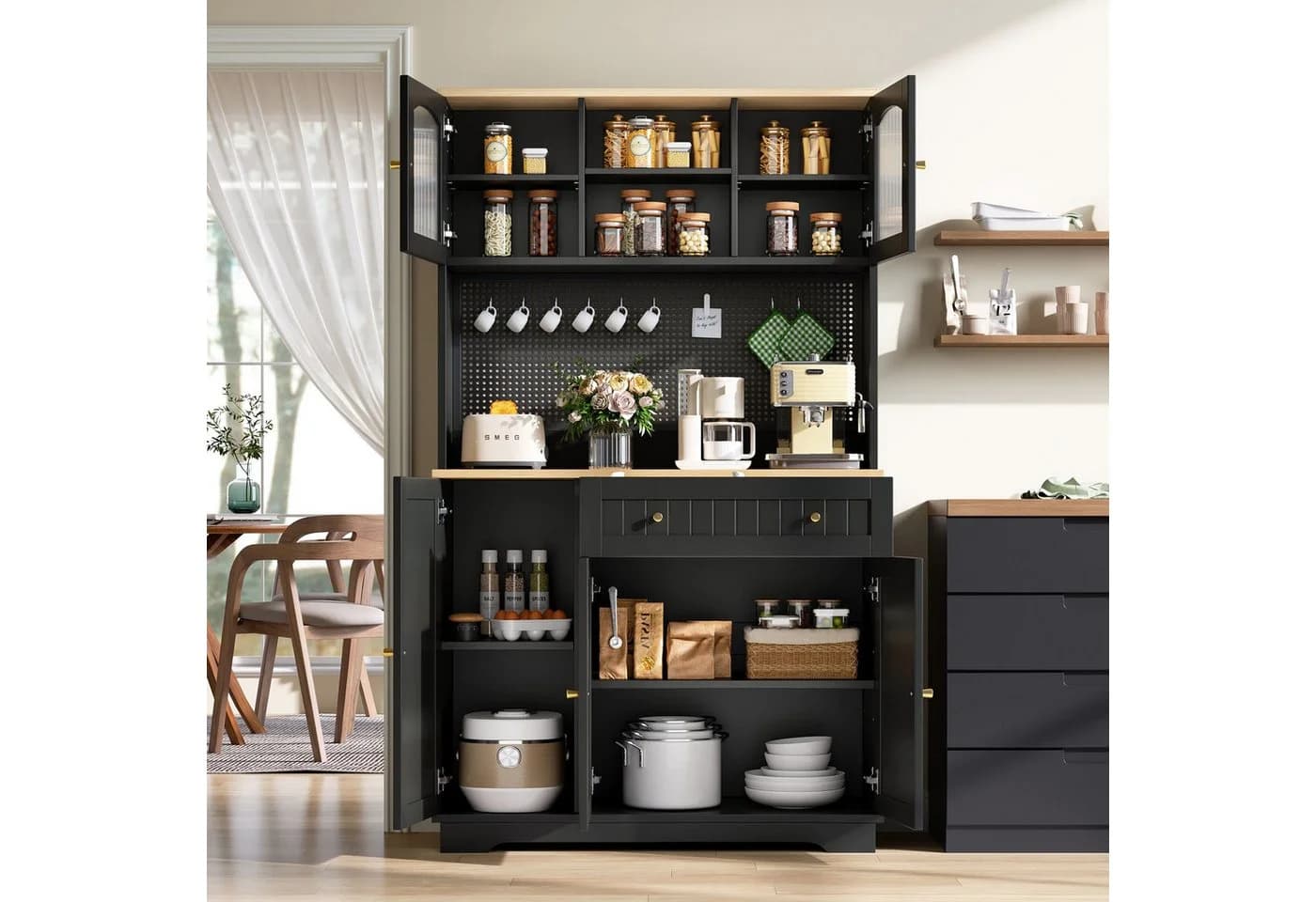 Merax Küchenbuffet Hochschrank mit Vitrinentüren und Schublade - Bild 3